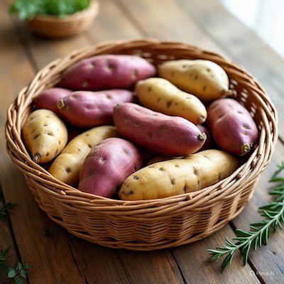 Um cesto cheio de batata doce