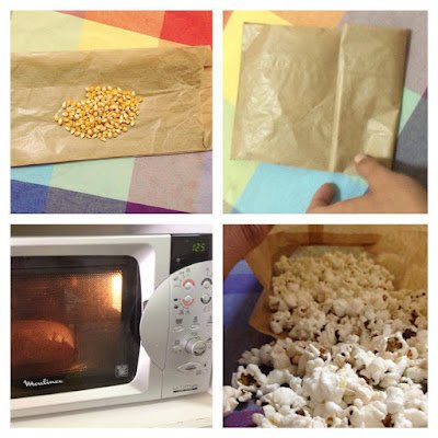 Você pode improvisar uma pipoca de microondas utilizando um saco de papel e o milho.
