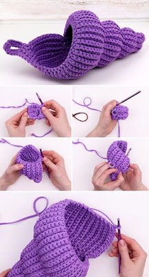 uma ideia muito linda para quem gosta de praia e dos elementos encontrados no mar - lindas conchas e caracóis feitas em crochê.