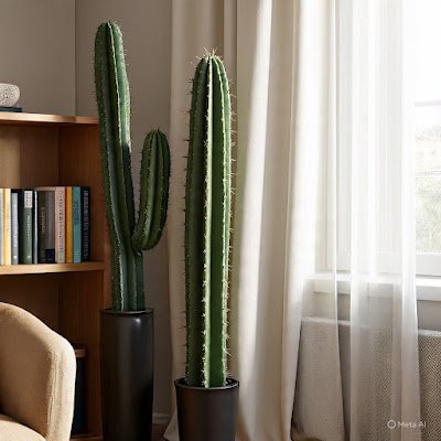 Canto aconchegante de leitura com cadeira estilosa e cacto bola-de-ouro em vaso de cerâmica preta, iluminado pela luz da manhã