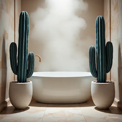 Banheiro luxuoso com estilo spa, featuring dois cactos colunares azuis em vasos de pedra branca ao lado de banheira freestanding."  Dicas para todas as descrições: