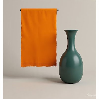 Um swatch ou um objeto decorativo (um vaso, uma pintura) mostrando a dupla de cores: um laranja quente e terroso ao lado de um verde escuro e profundo.