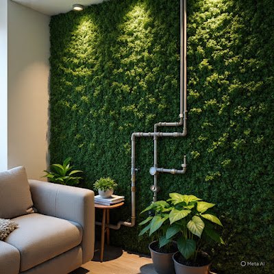 uma parede verde com um sistema de irrigação automatizada visível, com luzes LED suaves criando um efeito de claro-escuro. Ao lado, uma poltrona acolhedora e um livro.