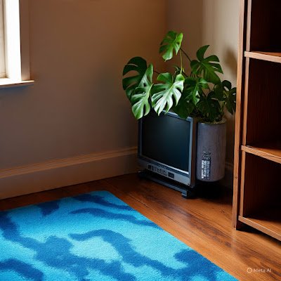 Um cantinho de trabalho com um tapete azul eletrico com efeito "glitch", uma estante com uma escultura de um disquete e um monitor de computador antigo  usado como vaso para uma planta.]