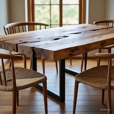 Uma mesa de jantar com tampo de madeira maciça e bruta com veios marcantes, apoiada sobre uma base de metal preto fosco e fina. Cadeiras de fibra natural com design limpo.