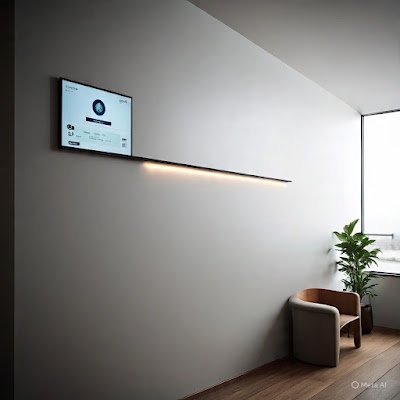 Uma parede limpa e vazia que, com um gesto de uma mão, se ilumina revelando uma tela embutida para controlar a casa. Tudo muito discreto.