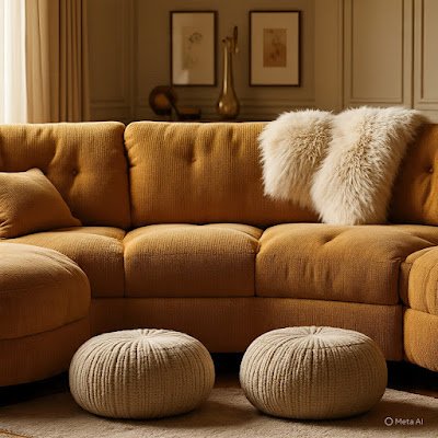 Uma sala super aconchegante com um sofá enorme de tecido texturizado (chenille), muitos puffes redondos no chão, uma manta felpuda e iluminação indireta e quente.