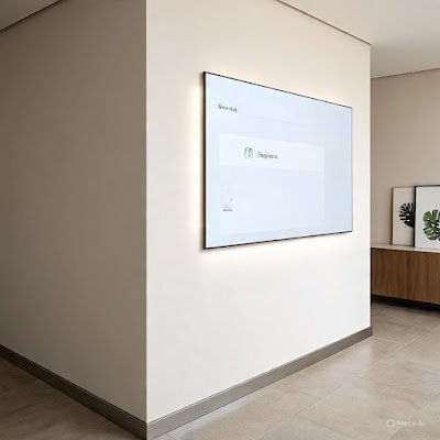 Uma parede limpa e vazia que, com um gesto de uma mão, se ilumina revelando uma tela embutida para controlar a casa. Tudo muito discreto.