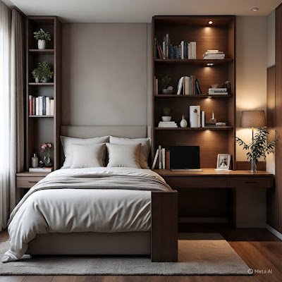 móvel modular que funciona como estante, cabeceira de cama e escrivaninha, mostrado em diferentes configurações em sequência.