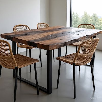 Uma mesa de jantar com tampo de madeira maciça e bruta com veios marcantes, apoiada sobre uma base de metal preto fosco e fina. Cadeiras de fibra natural com design limpo.