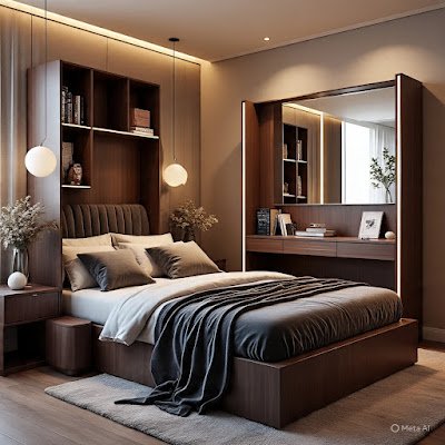 móvel modular que funciona como estante, cabeceira de cama e escrivaninha, mostrado em diferentes configurações em sequência.