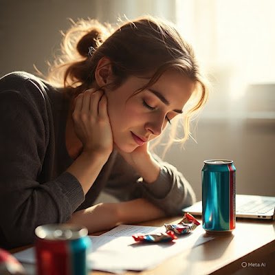 Mulher cansada e exausta sentada à mesa de trabalho - sinal de fadiga por excesso de açúcar