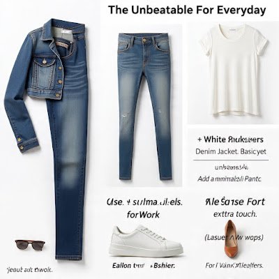 Um flat lay (foto aérea) mostrando 3 outfits diferentes montados com as mesmas peças: uma calça jeans, uma camiseta branca, um blazer e tênis. As peças são rearranjadas para criar looks casual, smart casual e um visual com a camisa amarrada na cintura.