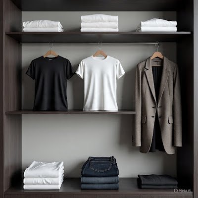 Um "guarda-roupa cápsula" minimalista organizado. Prateleiras limpas com camisetas branas e pretas perfeitamente dobradas, calças jeans, um blazer e um vestido preto. Tudo em tons neutros.)