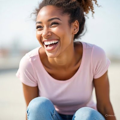 Close no rosto de uma mulher confiante, sorrindo, vestindo uma combinação simples (camiseta e jeans). O foco está na sua expressão de felicidade e autoconfiança.