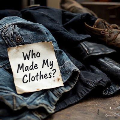 Close em uma etiqueta de roupa com a frase "Who Made My Clothes?" escrita à mão. Ao lado, um amontoado de roupas descartadas em um brechó, com cores escuras e texturas visíveis