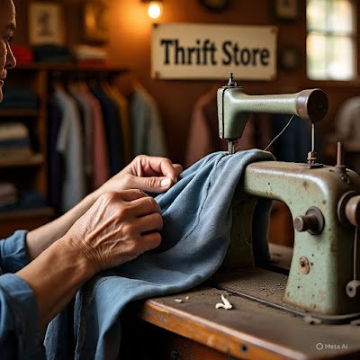 Mãos segurando uma peça de roupa sendo costurada em uma máquina antiga. Ou uma pilha de roupas usadas com um cartaz de "Brechó" ao fundo, com iluminação aconchegante.