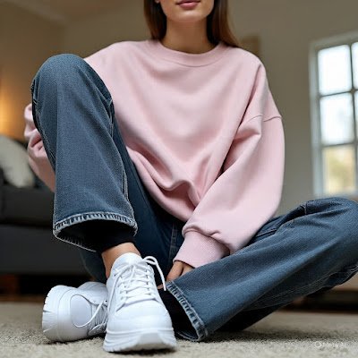 Calça jeans (ou legging de qualidade) + Moletom oversized + Tênis