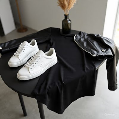 Um "guarda-roupa cápsula" minimalista organizado. Prateleiras limpas com camisetas branas e pretas perfeitamente dobradas, calças jeans, um blazer e um vestido preto. Tudo em tons neutros.)