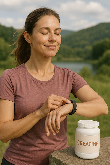 Uma foto de uma mulher medindo sua frequência cardíaca no pulso, com uma expressão de paz e vitalidade. Ao fundo, uma paisagem natural.