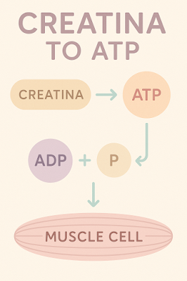 Um infográfico elegante e em tons pastel mostrando como a creatina se transforma em ATP dentro da célula muscular. Um visual clean e fácil de entender.