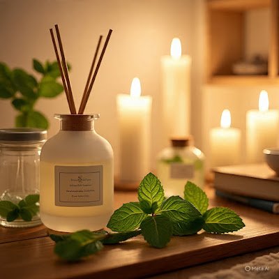 folhas de hortelã em  difusores para aromaterapia ou diluído em pomadas para massagens.