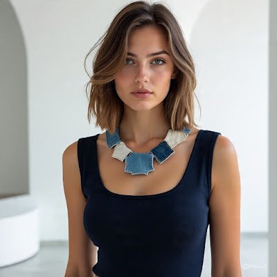 Uma mulher bem elegante, usando um colar feito com restos de jeans ( upcycling)