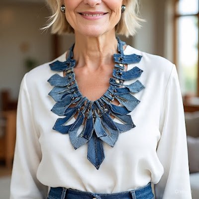 Uma mulher bem elegante, usando um colar feito com restos de jeans ( upcycling)