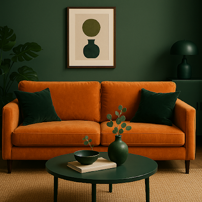 Decoração de sofá e quadros mostrando a dupla de cores: um laranja quente e terroso ao lado de um verde escuro e profundo.