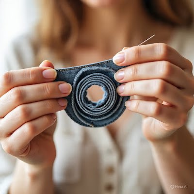 Um close-up lindo das mãos segurando os discos de jeans enrolados, um fio e uma agulha, montando o colar. O foco está na textura do jeans e no processo manual.]