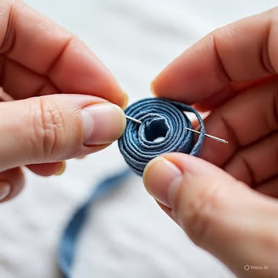 Um close-up lindo das mãos segurando os discos de jeans enrolados, um fio e uma agulha, montando o colar. O foco está na textura do jeans e no processo manual.]