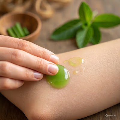 Uma mão aplicando um bálsamo de menta natural e caseiro em um braço relaxado. Os ingredientes (folhas de hortelã, aloe vera, uma tigela pequena) são visíveis ao fundo. O estilo é natural, orgânico e confiável.