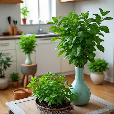 Vasos com a planta hortelã em cima da pia da cozinha e sala de estar e pequenas hortas de hortelã e outros condimentos