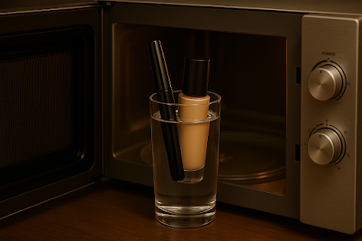 Um tubo de rímel e um frasco de base em um copo d'água dentro de um micro-ondas. Os produtos de beleza parecem restaurados e novos. O layout é limpo e focado na resolução de problemas. --ar 43