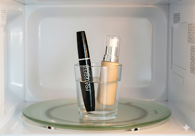 Um tubo de rímel e um frasco de base em um copo d'água dentro de um micro-ondas. Os produtos de beleza parecem restaurados e novos. O layout é limpo e focado na resolução de problemas.