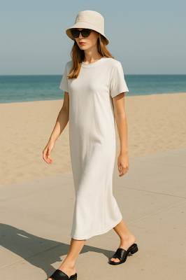 Praia-Chic Bucket Hat de linho + Vestido camiseta + Óculos de sol grandes e sandálias de salto baixo. Perfeito para um passeio à beira-mar ou cidade.