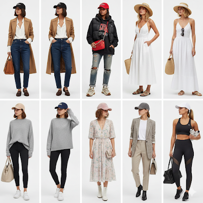 Collage de 7 looks de moda feminina usando boné, mostrando os estilos: clássico, street style, praia-chic, modelo off-duty, romântico moderno, power casual e academia fashion. Fundo branco, fotografia de moda editorial de alta qualidade, iluminação natural.