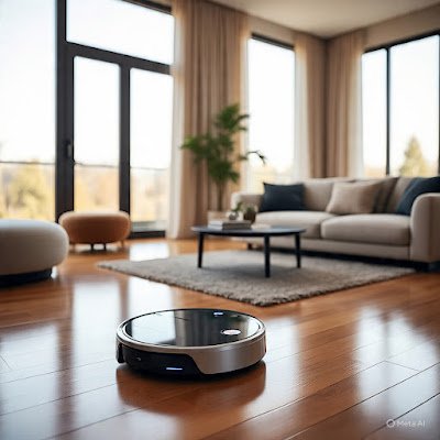 Aspirador de Pó Robô Inteligente Aspirador robô moderno em ação na sala de estar, luz do dia, ambiente aconchegante e limpo, estilo de vida automatizado.