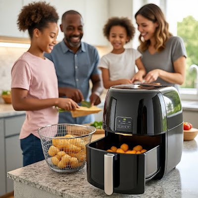 air fryer preta moderna na cozinha, preparando batatas croantes, família feliz ao fundo, estilo de vida saudável