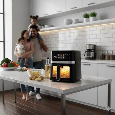 air fryer preta moderna na cozinha, preparando batatas croantes, família feliz ao fundo, estilo de vida saudável