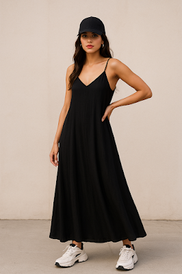 Boné preto liso + Vestido longo fluido + Tênis chunk. A mistura de feminilidade e attitude urbana.