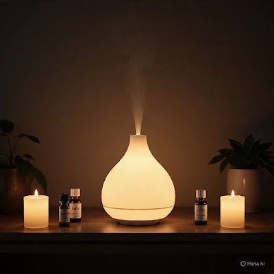 difusor de aromas moderno com luz suave em um quarto escuro, ambiente zen, relaxamento, óleos essenciais