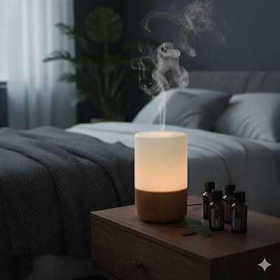 difusor de aromas moderno com luz suave em um quarto escuro, ambiente zen, relaxamento, óleos essenciais