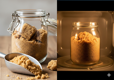 Um pote de açúcar mascavo endurecido ao lado de uma colher. O mesmo pote está dentro do micro-ondas, com a luz acesa, mostrando que ele está ficando macio e fofinho. Estilo focado na transformação da textura. --ar 4:3