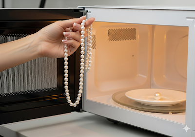 Uma mão elegante segura um colar de pérolas autênticas perto da porta aberta de um micro-ondas. Uma única pérola é colocada em um pequeno pires dentro. A iluminação é suave e luxuosa.