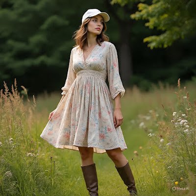 5. Romântico Moderno: Boné baseball de cor clara + Vestido de musselina floral + Botas de cano médio. Uma combinação inesperada e adorável.