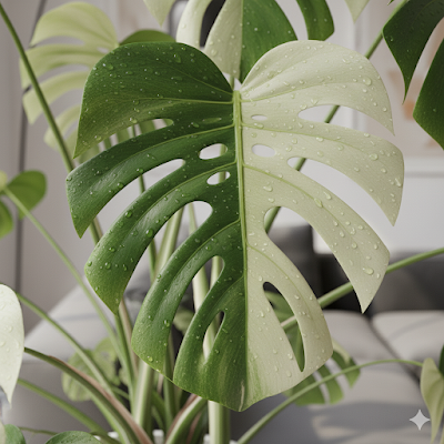"Close-up macro shot of a variegated plant leaf, showing intricate patterns of green, white and cream. The texture of the leaf should be visible, with water droplets. Shallow depth of field, studio lighting."