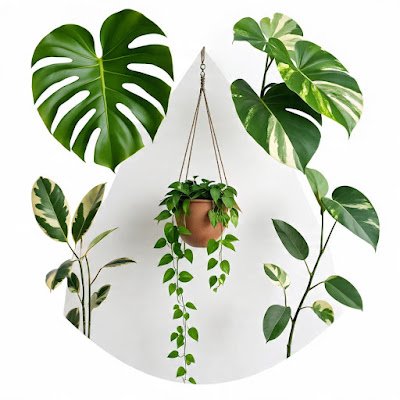 Collage of three trendy variegated plants: a large Monstera, a hanging Pothos, and a Zamioculca in a chic pot. Isolated on a clean white background, flat lay style.