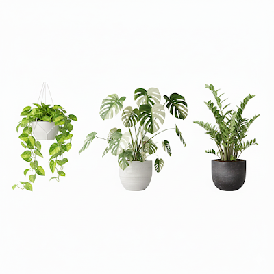 Collage of three trendy variegated plants: a large Monstera, a hanging Pothos, and a Zamioculca in a chic pot. Isolated on a clean white background, flat lay style.