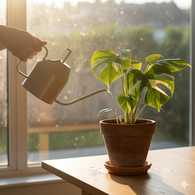 A person's hands holding a watering can, watering a variegated plant in a terracotta pot. The scene is warm and welcoming, on a wooden table next to a window."
